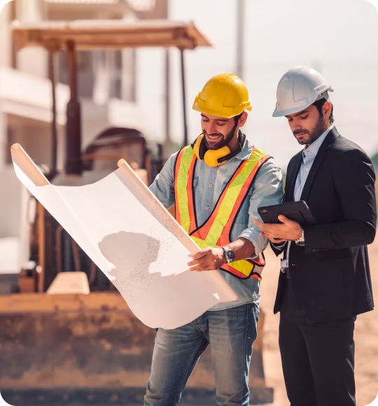 Developers hero image of the two builders looking at building plan